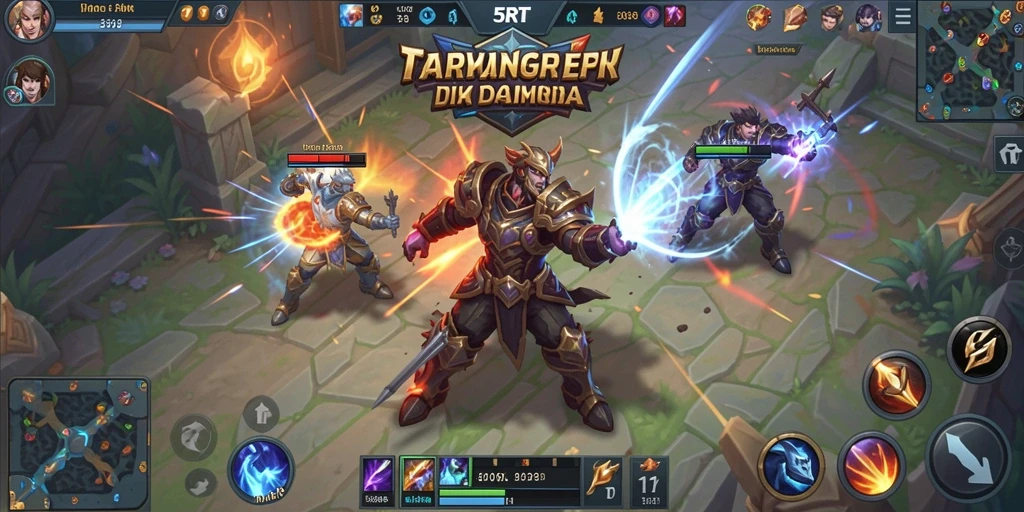 Screenshot gameplay MOBA 5RT dengan aksi pertarungan yang intens.