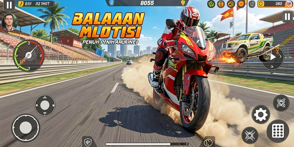 Screenshot gameplay 8055 menampilkan balapan motor yang seru dan penuh aksi.