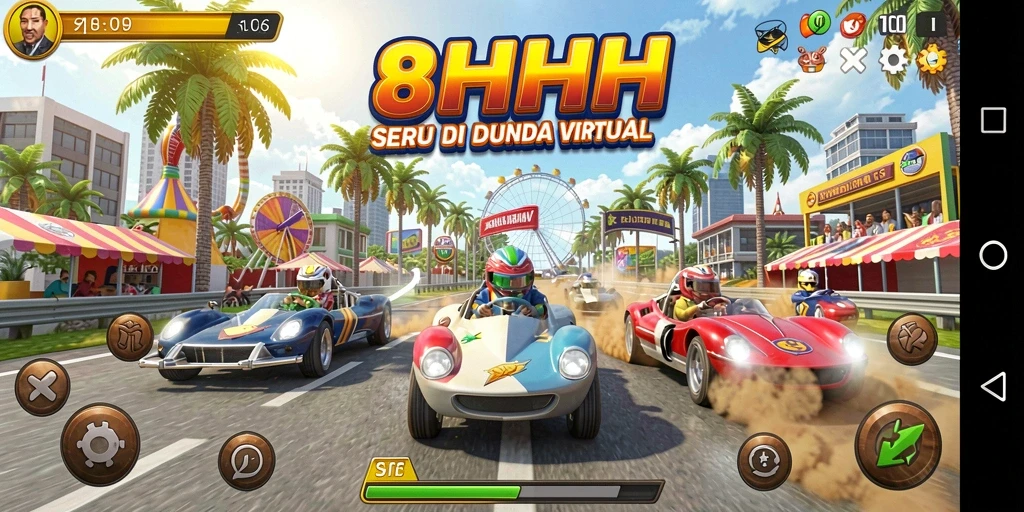 Screenshot menampilkan gameplay seru di 8HHH dengan kendaraan balap.