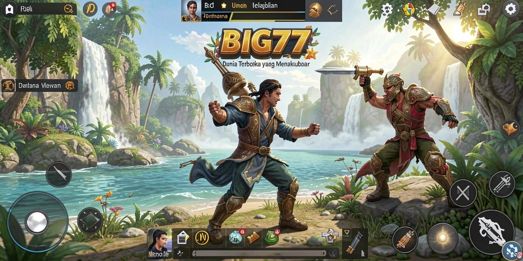 Tampilan utama gameplay BIG77 saat menjelajahi dunia terbuka yang menakjubkan.