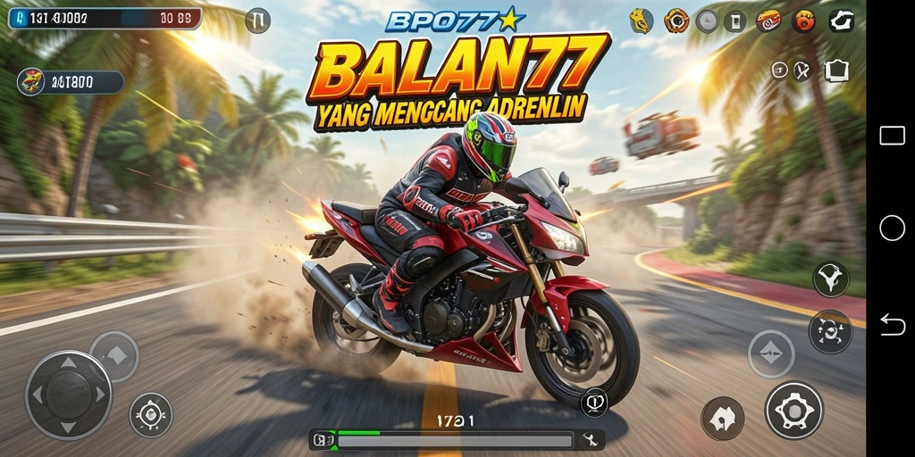 Screenshot BPO777 menunjukkan balapan motor dengan kecepatan tinggi.