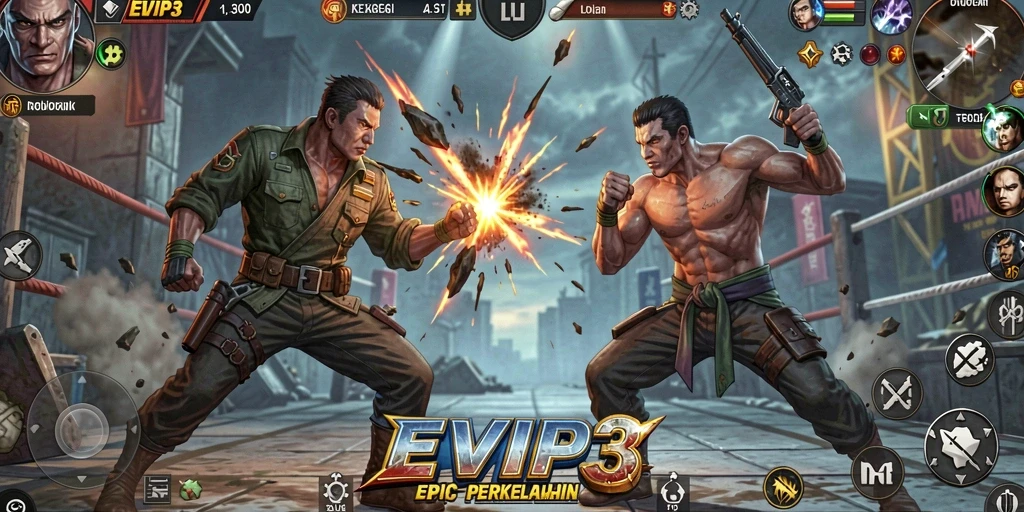 Screenshot utama EVIP3 menampilkan momen pertarungan yang intens dan dramatik.