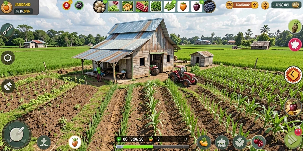 Gameplay JANDA4D menampilkan peternakan yang cerah dan aktivitas bertani.