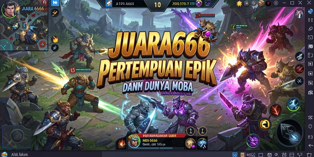 Screenshot utama JUARA666 menampilkan pertarungan MOBA yang menegangkan.