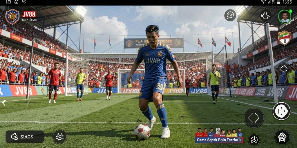 Screenshot gameplay JV88 menunjukkan aksi menarik dalam pertandingan sepak bola.