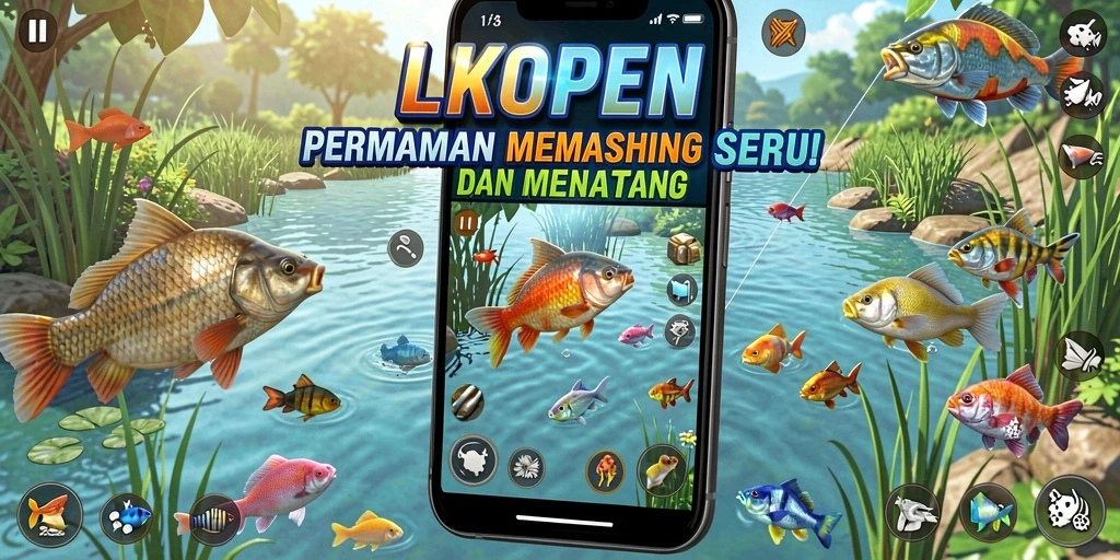 Tampilan gameplay LKOPEN dengan suasana memancing yang seru.