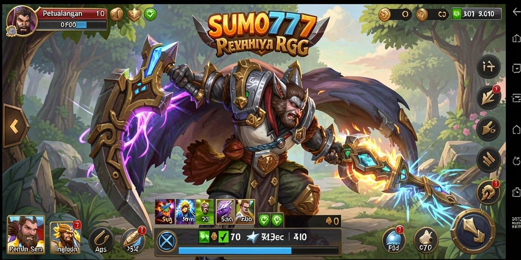 Tampilan gameplay SUMO777 dengan karakter menarik dalam petualangan RPG.